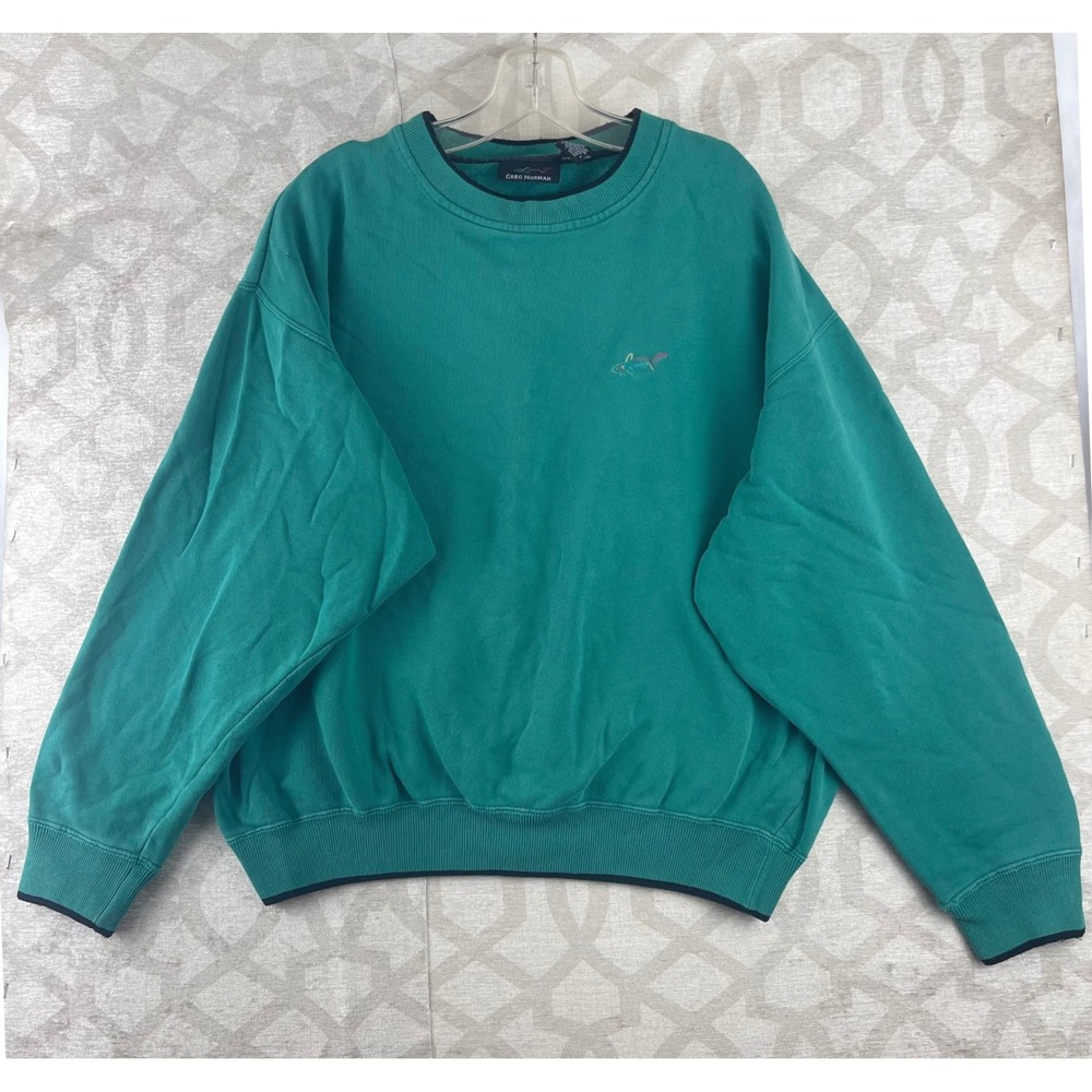 Vintage Greg Norman Mens Teal Green Cotton Crewneck Sweatshirt Shark Logo Size M
